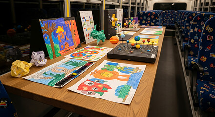 Back to school art and science projects displayed on a table ai generated