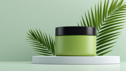 Light green jar on white pedestal, palm leaves