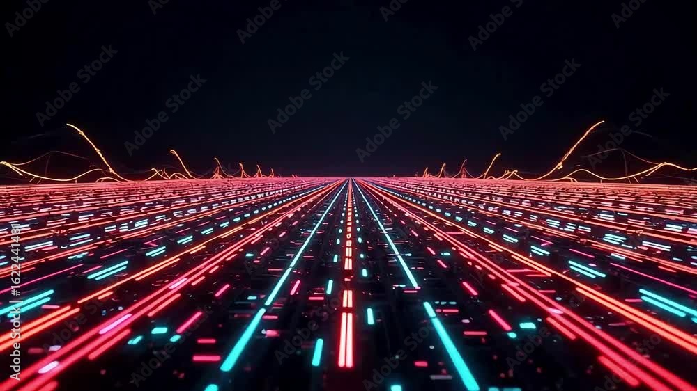 Poster immersive data stream animation with vibrant neon lights and smooth flowing motion