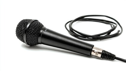 Black microphone with coiled cord on white background