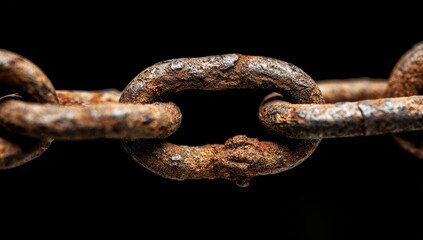 Fototapeta premium Close-up of a rusty metal chain link against a black background (1)