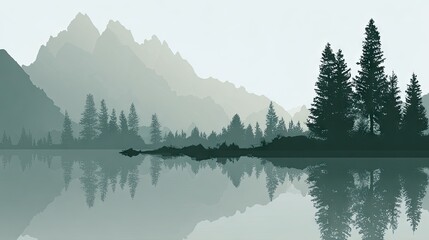 Naklejka premium Misty mountain lake scenery with reflections.