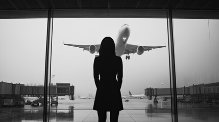 Businesswoman Watching Plane Take Off from Airport Window 
