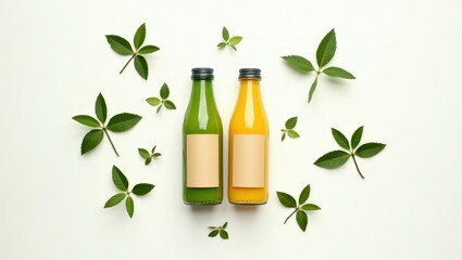 Natural Juice Bottles Surrounded by Fresh Green Leaves in Harmony