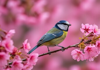 Fototapeta premium Blue Tit in Spring Blossom: Delicate Beauty