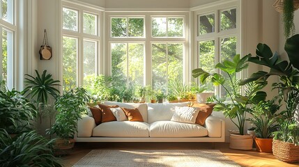 Bright Interior Featuring Large Bay Window with Lush Greenery Outside 