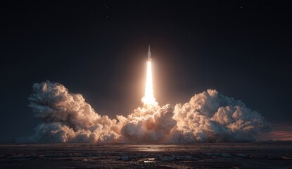 Rocket launch at night.  Vast plume of smoke and light