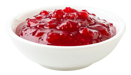 Cranberry sauce in a small white bowl, isolated on transparent background
