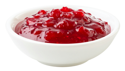 Cranberry sauce in a small white bowl, isolated on transparent background