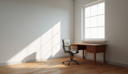 Empty corner office space with desk and chair, sunlight