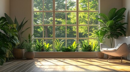 Bright Interior Featuring Large Bay Window with Lush Greenery Outside