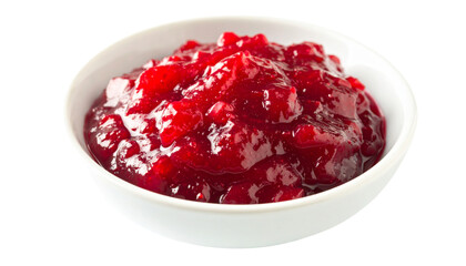 Cranberry sauce in a white bowl, isolated on transparent background.