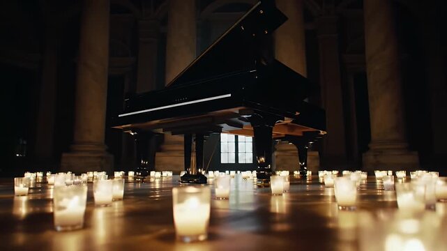 Elegant Grand Black Piano Illuminated by Candlelight Concert in Warm Dark Interior