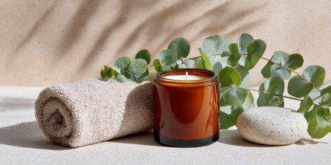 Amber candle jar with eucalyptus and spa accessories