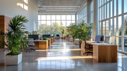 Bright Open Office Space with Modern Desks, Plants, Natural Light, and Clean Design 
