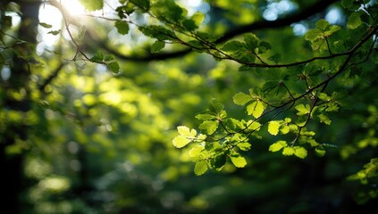 Fototapeta premium Sunlight filters through vibrant green leaves (2)