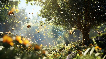 Buzzing paradise: A vibrant depiction of bees amidst a floral wonderland