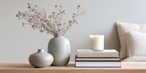 Ceramic vase and candle on wooden table in modern decor