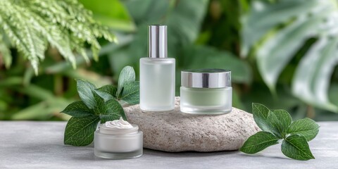 Frosted glass skincare bottles on stone with green leaves