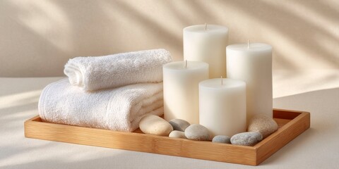 White candles on wooden tray with spa elements