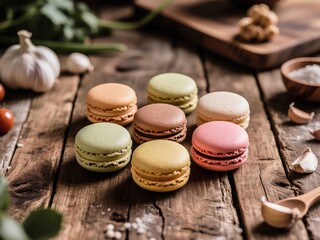 Top view of colorful French macarons in pastel shades arranged neatly on a rustic wooden surface. The surrounding natural ingredients like garlic, herbs, and spices provide an organic