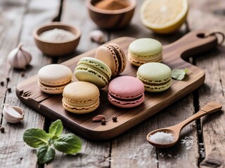 Top view of pastel-colored French macarons arranged on a wooden cutting board with rustic wooden background. Accompanied by natural ingredients like garlic, basil, salt, and lemon