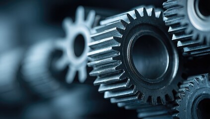 Close-up of multiple metal gears interlocked