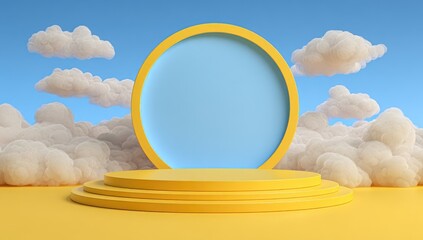 Yellow podium, light blue circle, fluffy clouds, sunny sky