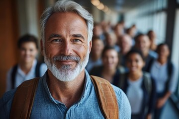 A group photo of senior businessman conducting a meeting with coworkers in a contemporary office environment.