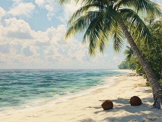 Hyper-Realistic Coastal View of Sheltered Cove, Centered 8K Detail &ndash; Sandy Beach, Coconut Palm & Gradient Sea for Nature Themes