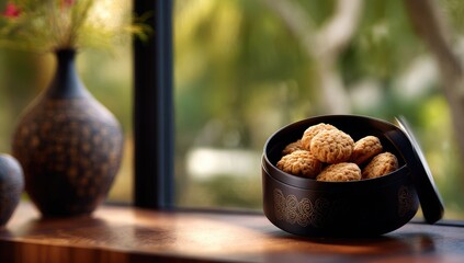 Small, light-brown cookies in a dark wooden bowl on a windowsill