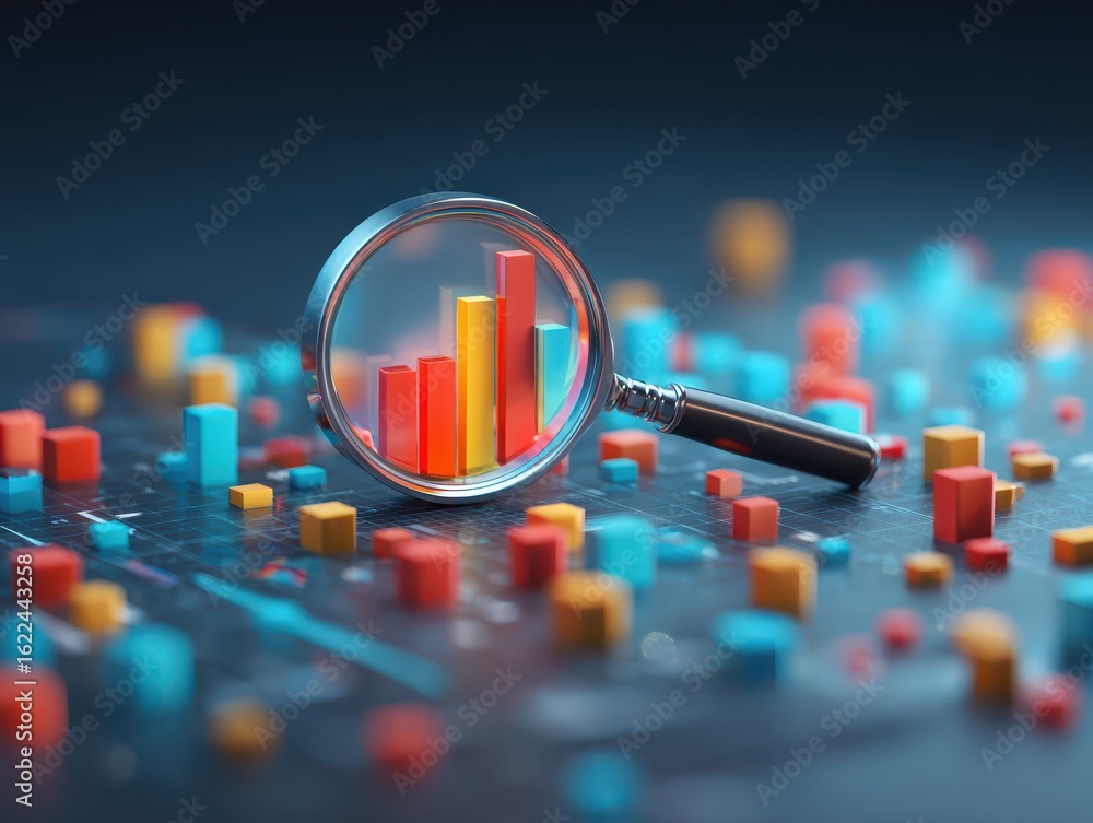 Poster magnifying glass over bar graphs on a data grid. background is blurred for analysis