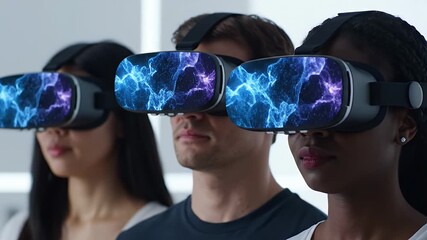 Diverse group using virtual reality headsets with cosmic displays for futuristic concepts - Powered by Adobe