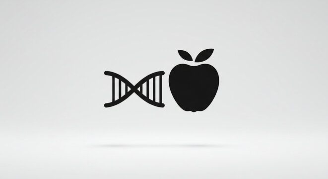 A black silhouette icon of a DNA strand positioned next to a black silhouette icon of an apple with two leaves.