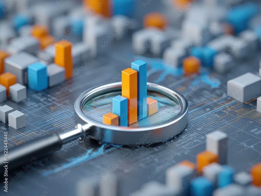 Poster data analysis magnified; bar charts on circuit board background. business use