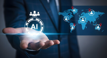 Business manager using a virtual screen to interact with an AI-powered global business management system.