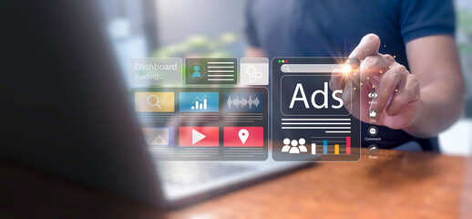 concept of digital marketing, advertising, product advertising, promoting products or services through digital tools, online advertising, internet advertising, social media.