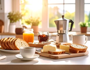 Sunlit kitchen table with breakfast spread bread, butter, coffee, and orange juice