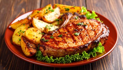 Deliciously grilled pork chop served with golden potatoes and fresh green garnish