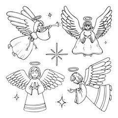 Angels flying in the starry sky coloring page hand drawn doodle. Symbol of Christmas. Guardian prayer. Vector line art illustration. Book for children and adults.