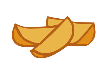 three golden potato wedges with crispy seasoned edges on white background, ideal for food menu icons, snack packaging, and restaurant branding