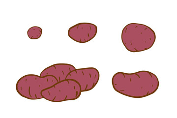 purple potatoes doodle hand drawn illustration in various shapes and sizes, outlined with brown lines on white background, highlighting simple curves and organic texture