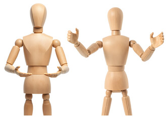 Two wooden figures, a couple of mannequins, stand in a loving pose,