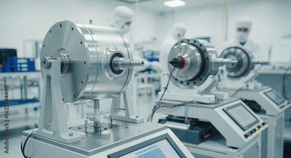 Poster precision engineering facility scene with uranium enrichment gas centrifuge rotors positioned for st