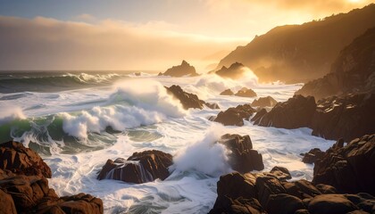 Obraz premium Dramatic seascape with powerful waves crashing against rocks at sunset