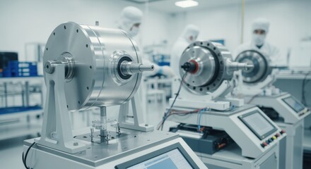 Fototapeta premium Precision engineering facility scene with uranium enrichment gas centrifuge rotors positioned for static and dynamic balancing before final assembly.