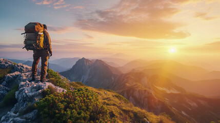 Obraz premium A man with a backpack sitting in a mountain setting, enjoying the panoramic view in the morning