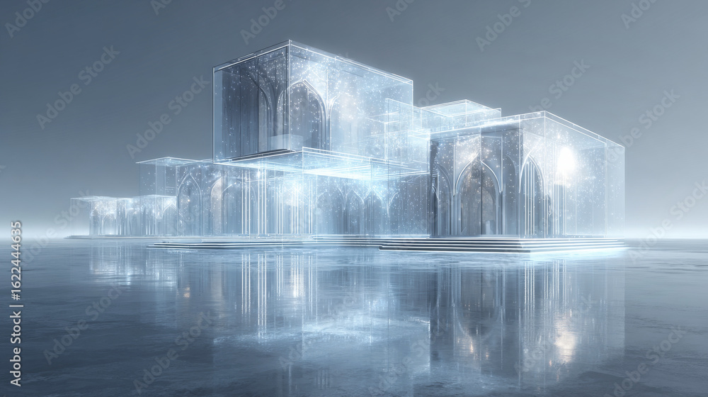 Poster a modern building 3d architecture hologram simulation