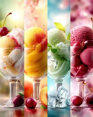 Four different ice cream flavors in glass bowls, with cherry and peach slices on the side, ice cubes, a colorful background, and bright lighting, creating a realistic photographic image.