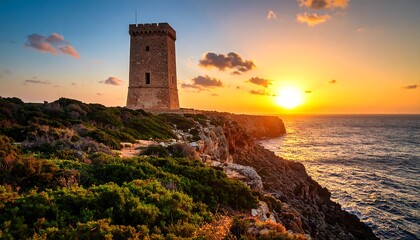 Dramatic sunset at the coast featuring an old tower in a mediterranean landscape